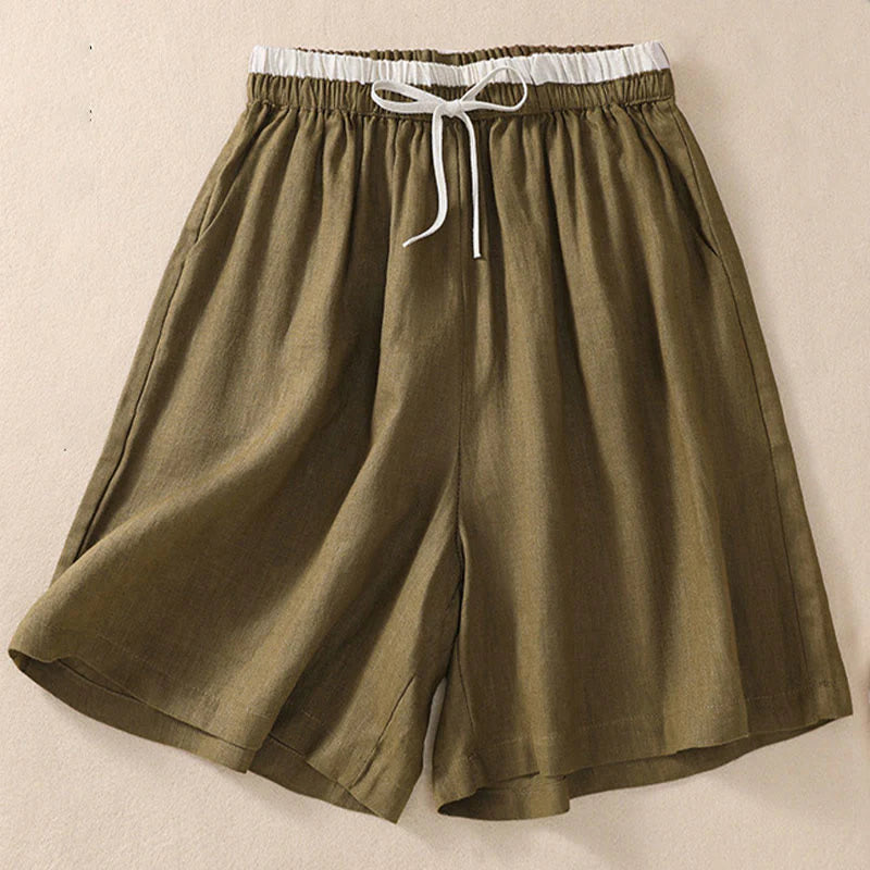 Buddha Stones Solid Color Contrast Color Waist Lace-up Cotton Linen Women's Shorts With Pockets