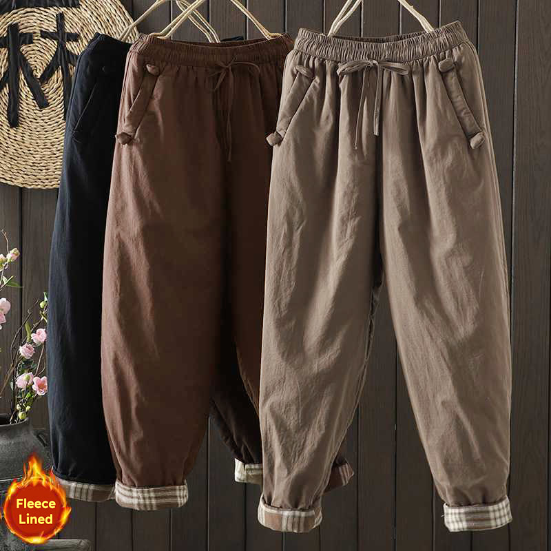 Buddha Stones Women's Winter Drawstring Fleece-Lined Thermal Harem Pants With Pockets