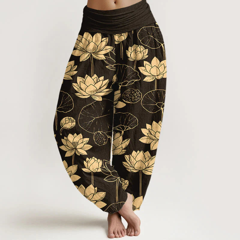 Buddha Stones Cotton Lotus Flowers Leaves Pods Pattern Women's Elastic Waist Harem Pants