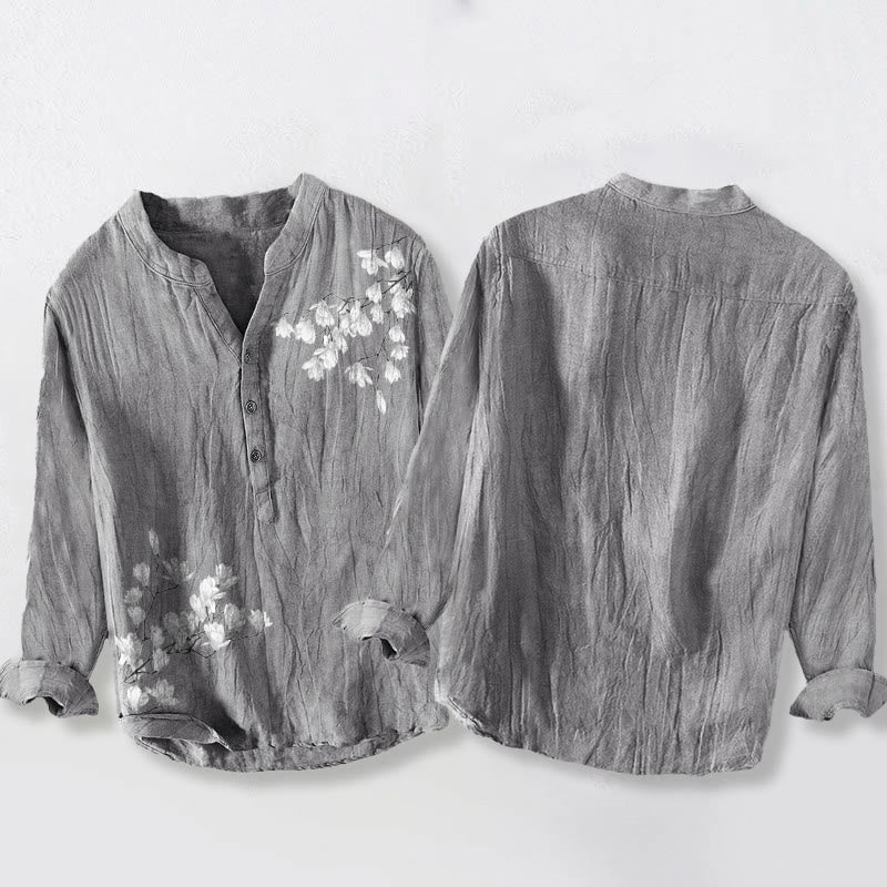 Buddha Stones Magnolia Flowers Branches Pattern Half Buttons Men's Cotton Linen Long Sleeve Shirt