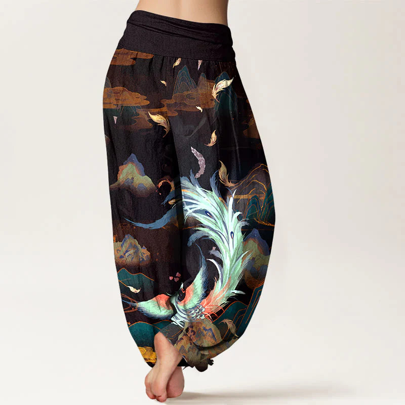 Buddha Stones Pure Cotton Gorgeous Phoenix Mountain Cloud Pattern Women's Elastic Waist Harem Pants