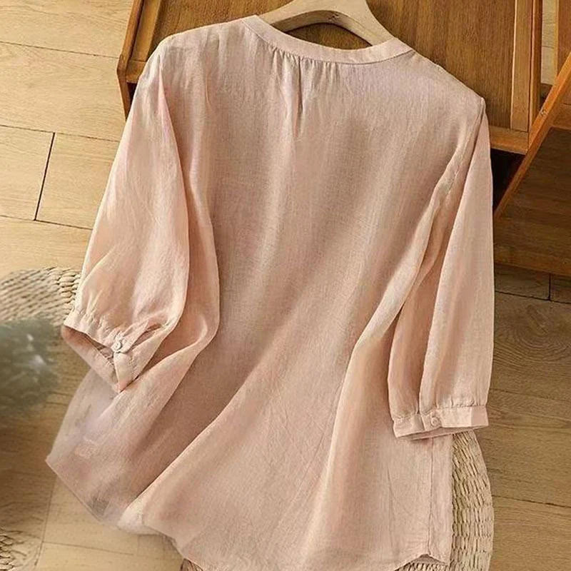 Buddha Stones Casual Loose Embroidery Frog Button Half Sleeve Crew Neck Cotton Women's Shirt