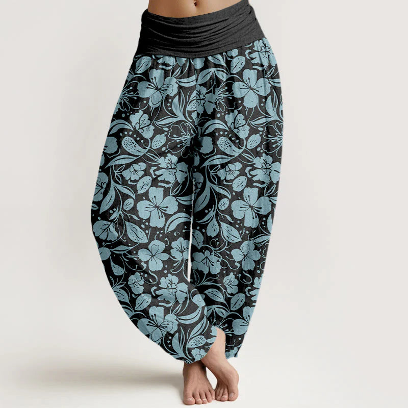 Buddha Stones Cotton Repeated Flowers Leaves Pattern Women's Elastic Waist Harem Pants
