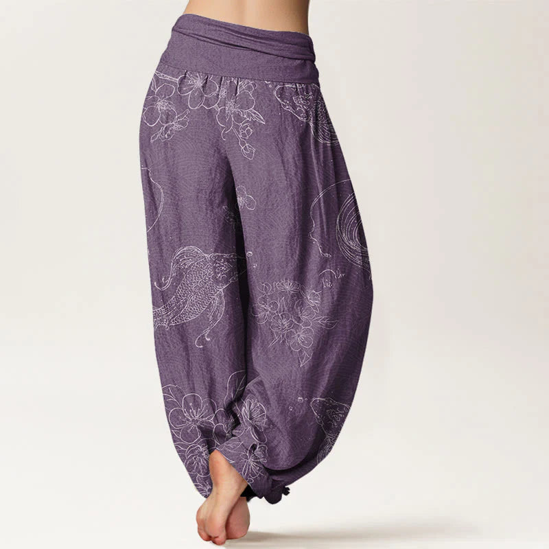 Buddha Stones Cotton Koi Fish Floral Pattern Women's Elastic Waist Harem Pants