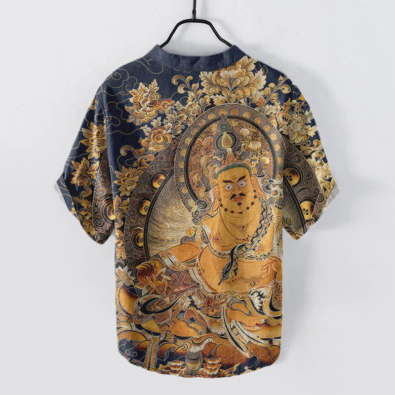 Buddha Stones Cotton Gold Buddha Floral Print Men's Short Sleeve Half Button Shirt
