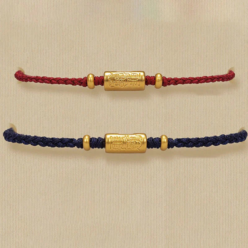 Buddha Stones 999 Gold Good Luck Amulet Carved Design Handmade Strength Braided Rope Bracelet