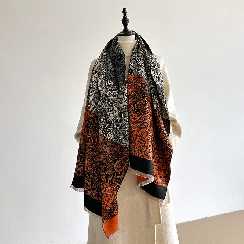 Buddha Stones Winter Thermal Color Matching Paisley Vines Pattern Tassel Cozy Scarf Shawl