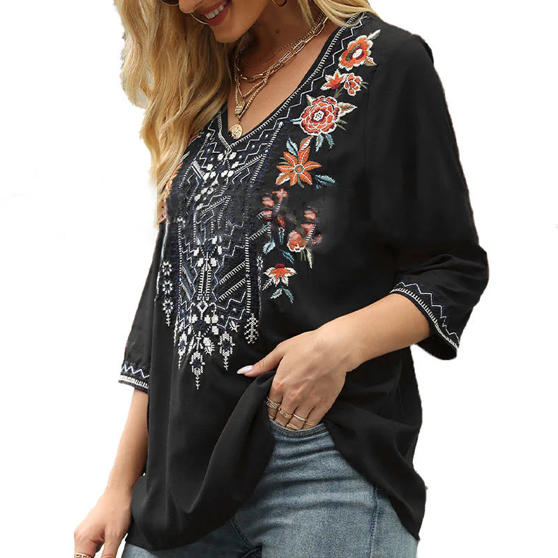 Buddha Stones Spring Casual Plain Embroidery Floral Pattern Design Three Quarter Sleeve V-neck Women's T-Shirt