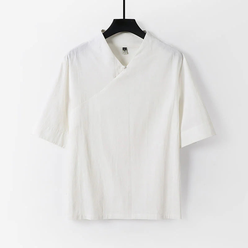 Buddha Stones 2Pcs V-Neck Cotton Half Sleeve Shirt Pants With Pockets Men's Meditation Cloth Set