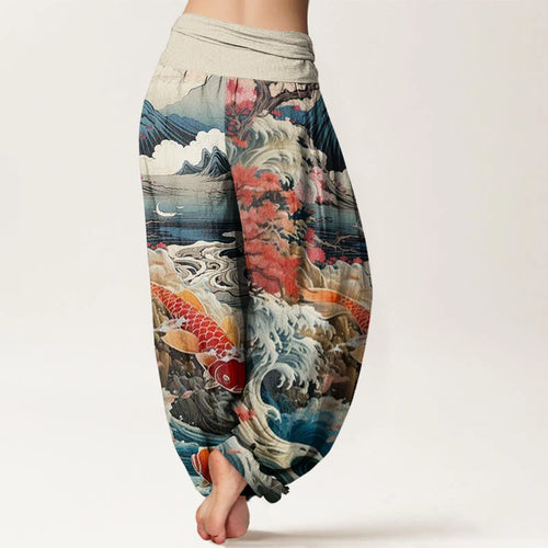 Buddha Stones Cotton Casual Blossoming Tree Koi Fish Wave Mountain Pattern Women's Elastic Waist Harem Pants