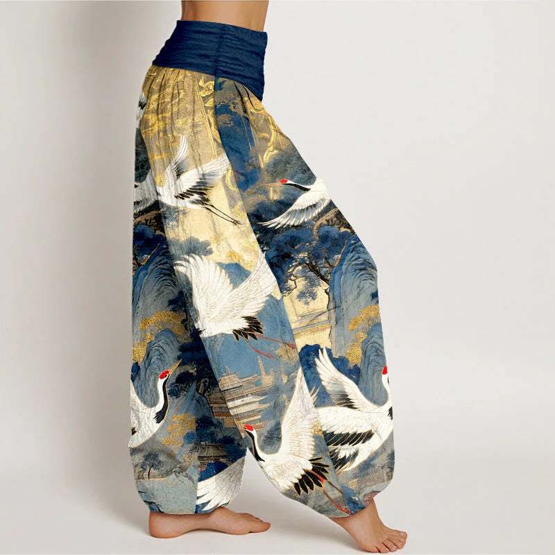 Buddha Stones Pure Cotton Gorgeous Crane Mountain Pine Tree Pattern Women's Elastic Waist Harem Pants
