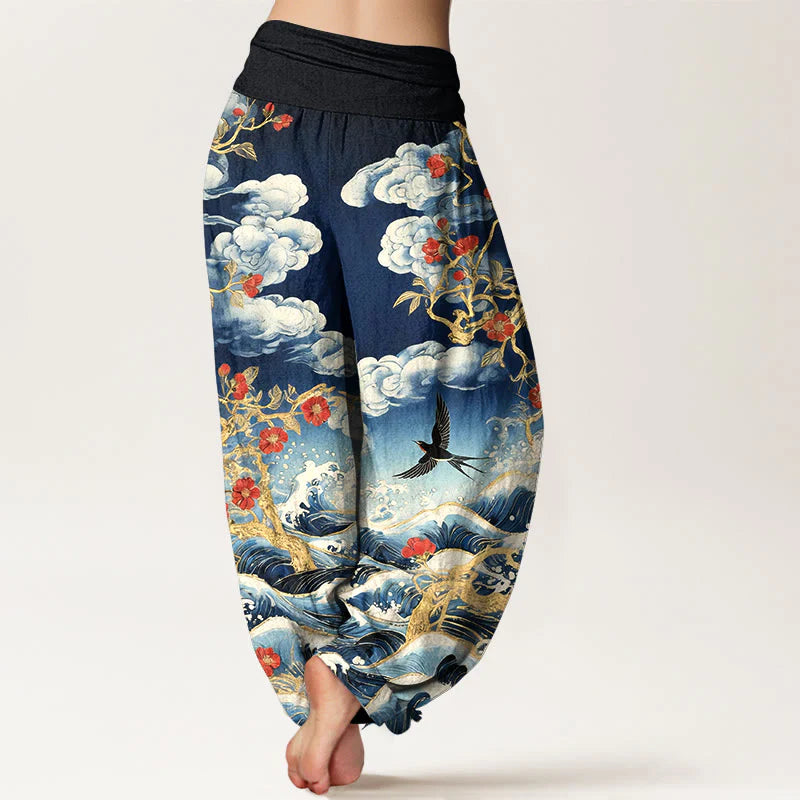 Buddha Stones Pure Cotton Auspicious Clouds Red Blossoms Swallow Ocean Waves Women's Elastic Waist Harem Pants
