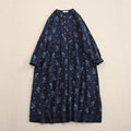 Buddha Stones Spring Small Floral Print Buttons Design Crew Neck Long Sleeve Midi Dress With Pockets