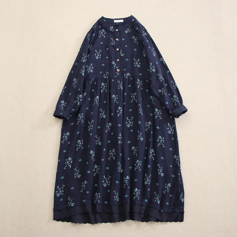 Buddha Stones Spring Small Floral Print Buttons Design Crew Neck Long Sleeve Midi Dress With Pockets