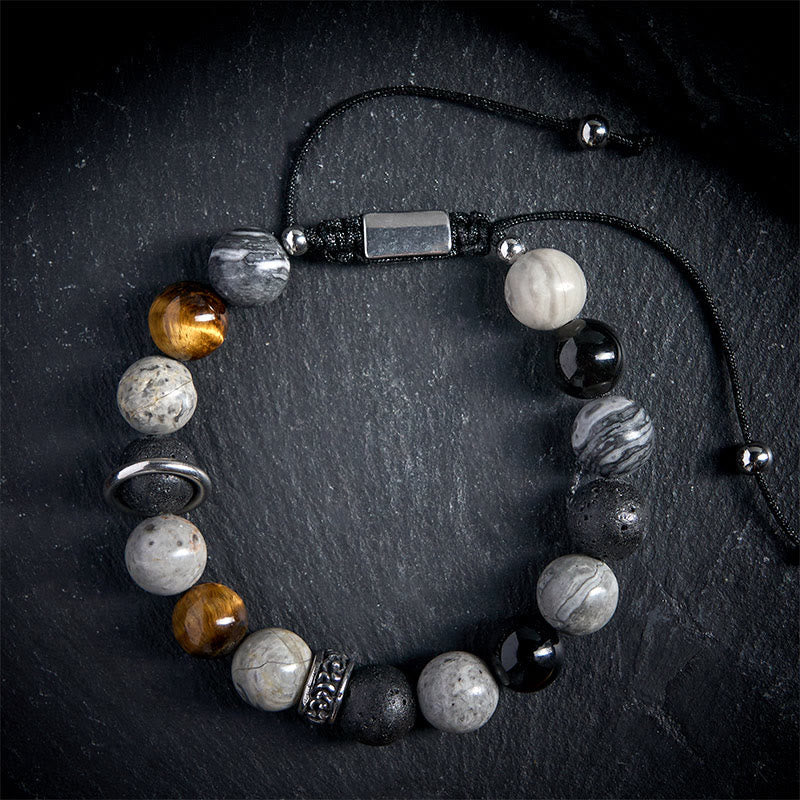 Buddha Stones Grey Jasper Lava Rock Silver Sheen Obsidian Tiger Eye Healing Bracelet