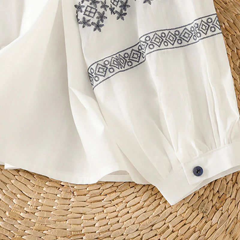Buddha Stones Embroidery Pleated Buttons Long Lantern Sleeve Women's Cotton Shirt
