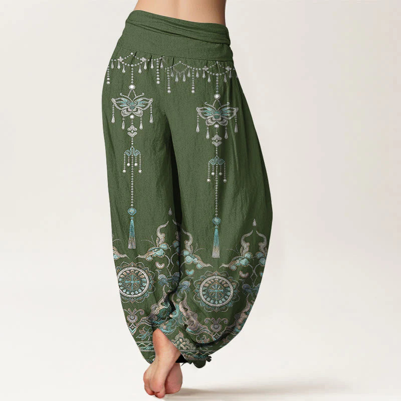 Buddha Stones Cotton Classic Jewelry Butterfly Flower Tassel Pattern Women's Elastic Waist Harem Pants
