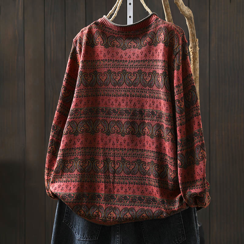 Buddha Stones Fall Plant Floral Pattern Crew Neck Long Sleeve Women's Cotton Sweater With Pocket
