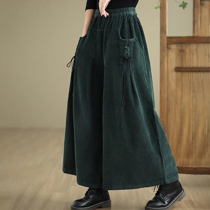 Buddha Stones Women's Pure Color Drawstring Design Wide Leg Corduroy Pants With Pockets
