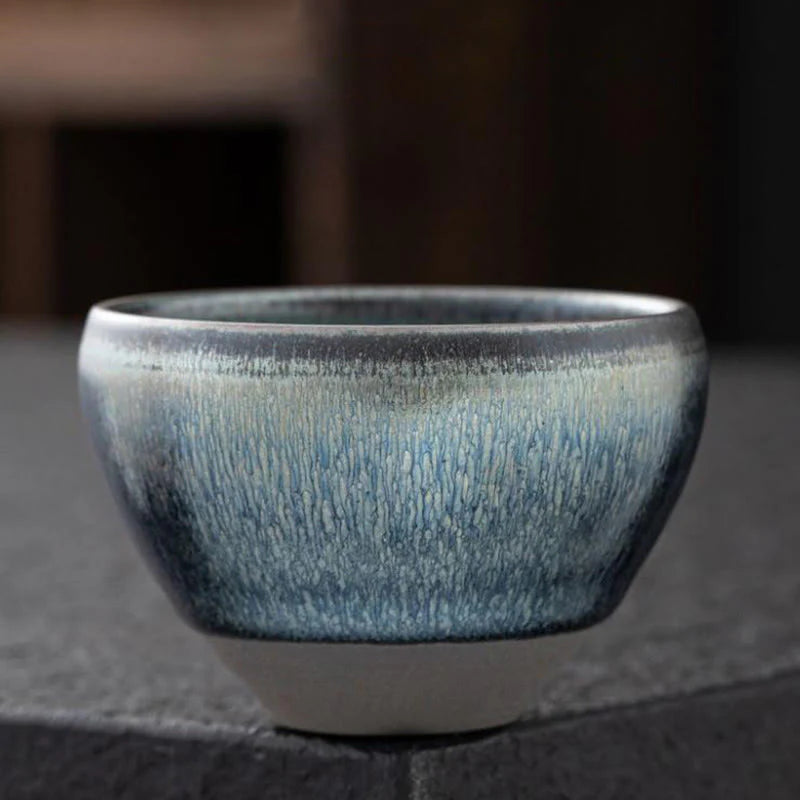 Buddha Stones Vintage Chinese Silver Blue Jianzhan Kiln Change Porcelain Teacup Kung Fu Tea Cup