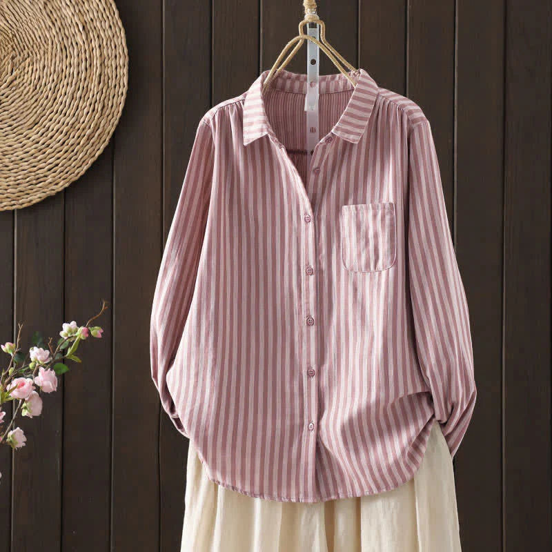 Buddha Stones Spring Vertical Stripes Long Sleeve Decorative Pocket Women's Cotton Buttons Shirt