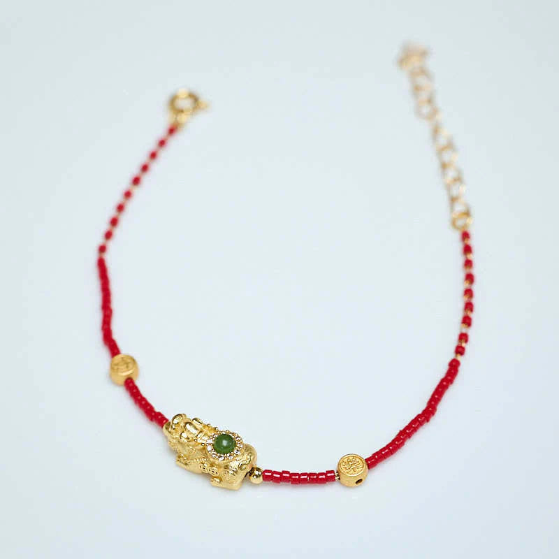 Buddha Stones 925 Sterling Silver Plated 24k Gold Liuli Glass Bead PiXiu Four Leaf Clover Joy And Happiness Wealth Bracelet
