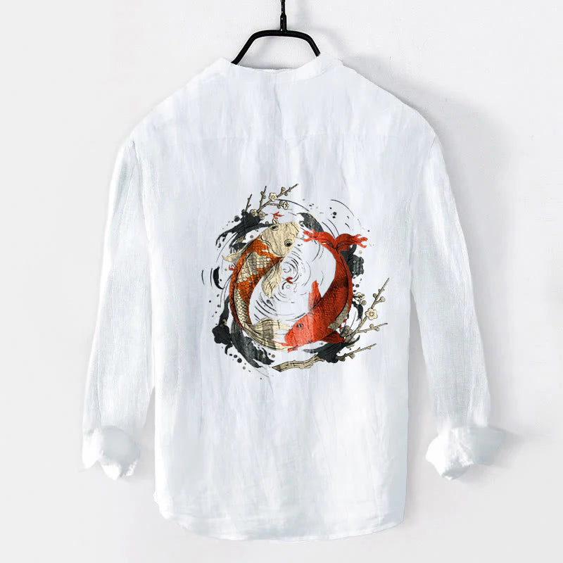 Buddha Stones Red White Koi Fish Yin Yang Pattern Half Buttons Men's Cotton Linen Long Sleeve Shirt
