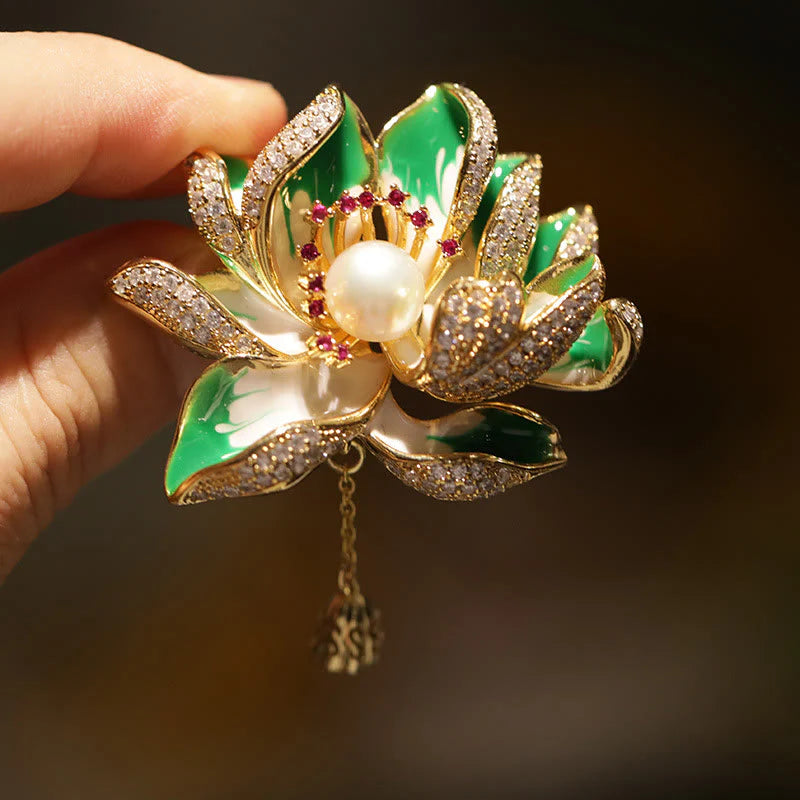 Buddha Stones Lotus Flower Pearl New Beginning Copper Brooch