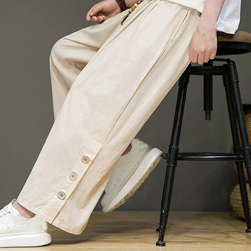 Buddha Stones Solid Color Linen Buttons Drawstring Men's Straight Leg Pants With Pockets