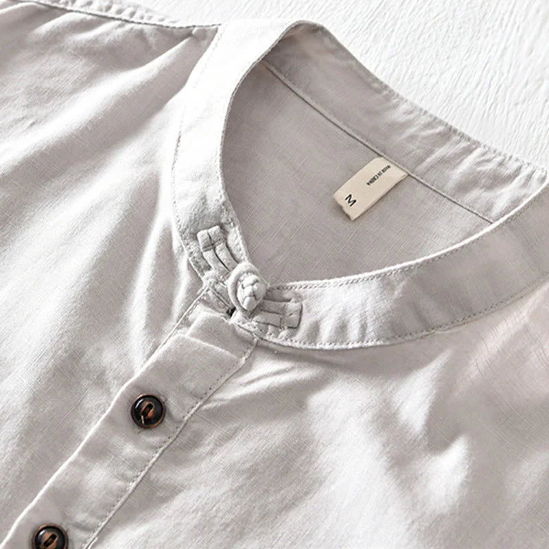 Buddha Stones Solid Color Half Button Design Stand Collar Men's Short Sleeve Cotton Linen Shirt