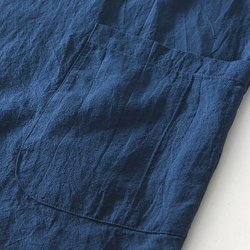 Buddha Stones Vintage Plain Simple Design Men's Short Sleeve Cotton Linen Shirt Clothing With Pockets