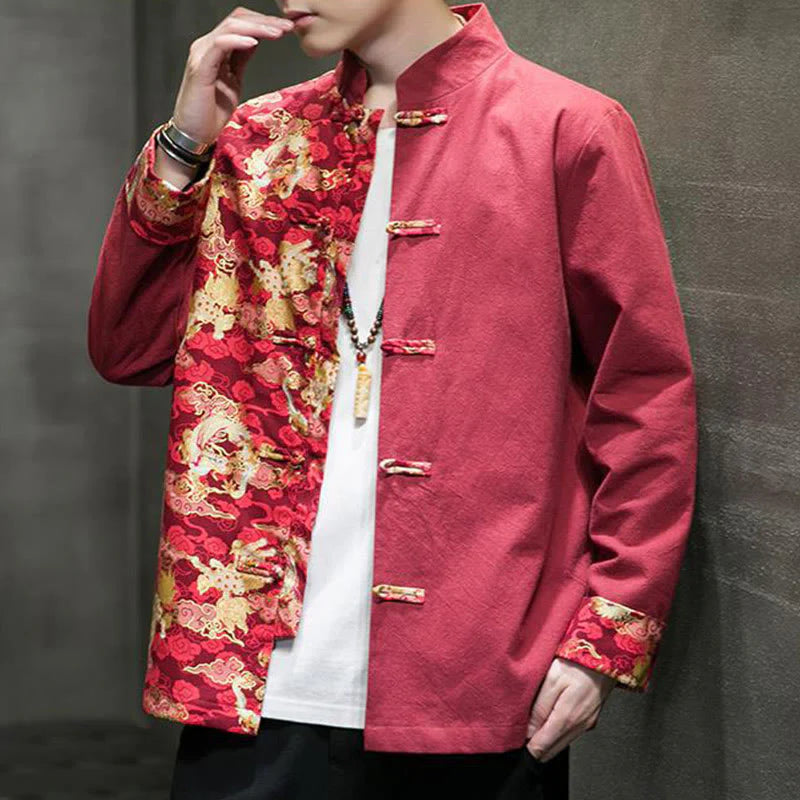 Buddha Stones Printed Color Contrast Dragon Pattern Frog-button Long Sleeve Men's Cotton Jacket