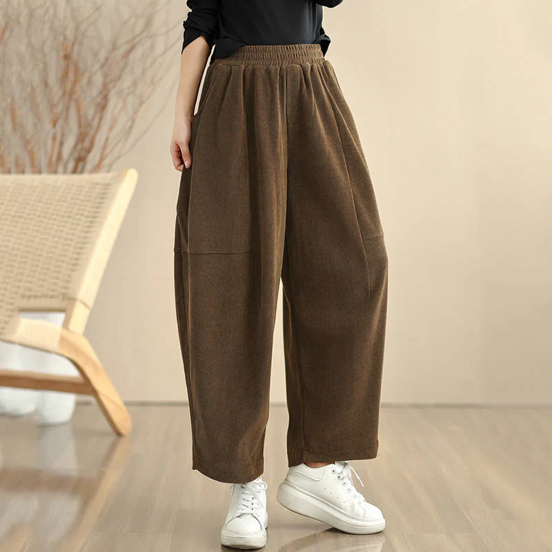 Buddha Stones Women's Fall Patchwork Plain Corduroy Harem Pants With Pockets