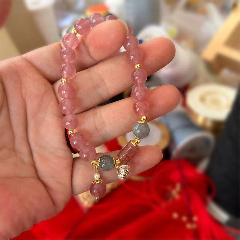 Buddha Stones Natural Strawberry Quartz Zircon Flower Positive Charm Bracelet