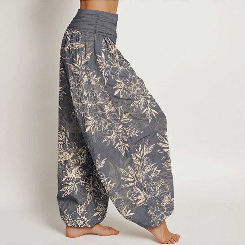 Buddha Stones Cotton Complicated Flowers Leaves Pattern Women's Elastic Waist Harem Pants