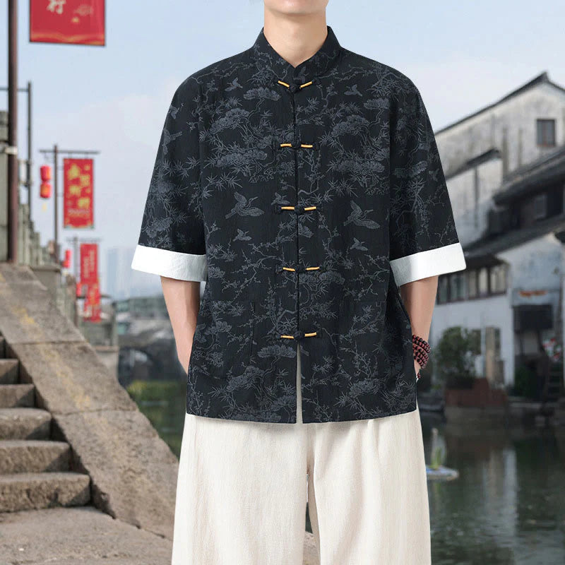 Buddha Stones Summer Crane Pine Tree Pattern Tang Suit Men's Frog-Button Half Sleeve Cotton Shirt With Pockets