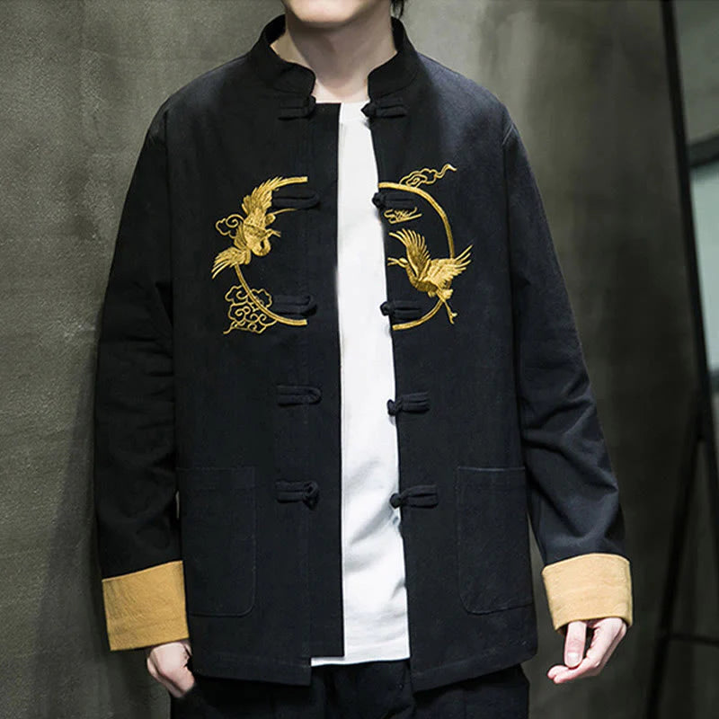 Buddha Stones Embroidery Cranes Pattern Frog-Button Men's Cotton Long Sleeve Jacket With Pockets