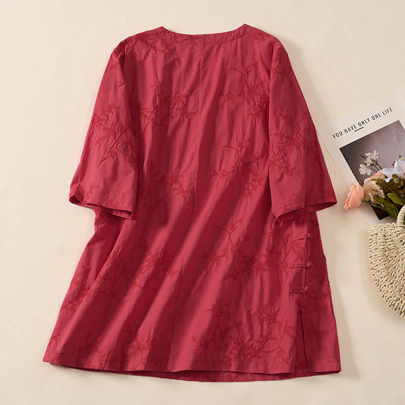 Buddha Stones Spring V-Neck Long Sleeve Leaf Pattern Women's Cotton Shirt