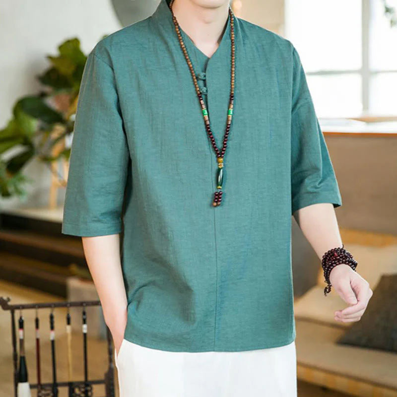 Buddha Stones Summer Vintage Solid Color Frog-Button Design Men's Cotton Three Quarter Sleeve Shirt