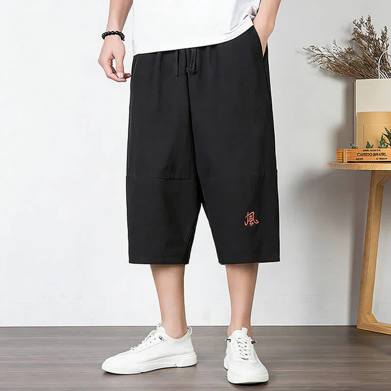 Buddha Stones Plain Drawstring Capri Length Men's Cotton Linen Harem Pants With Pockets