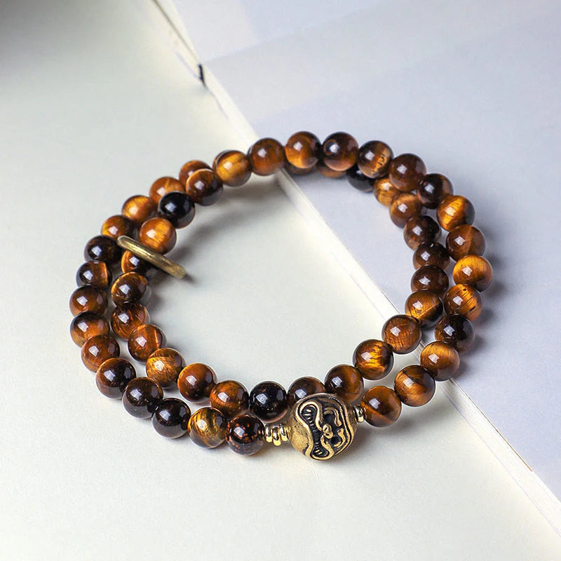 Buddha Stones Tibetan Black Obsidian Tiger Eye Copper Double Wrap Strength Bracelet