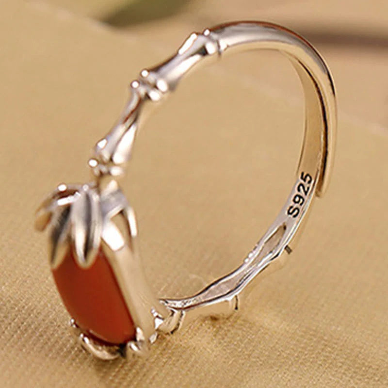 Buddha Stones 925 Sterling Silver Red Agate Bamboo Pattern Calm Bracelet Ring Jewelry Set (Extra 30% Off | USE CODE: FS30)