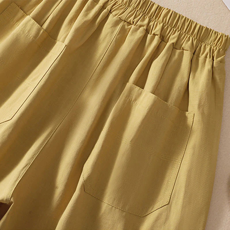 Buddha Stones Summer Casual Elastic Waist Plain Women's Polyester Shorts With Pockets