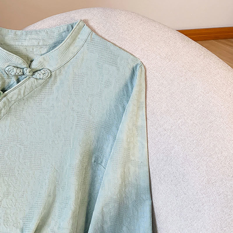 Buddha Stones Commute Jacquard Chinese Frog-Button Mandarin Collar Long Sleeve Women's Cotton Shirt