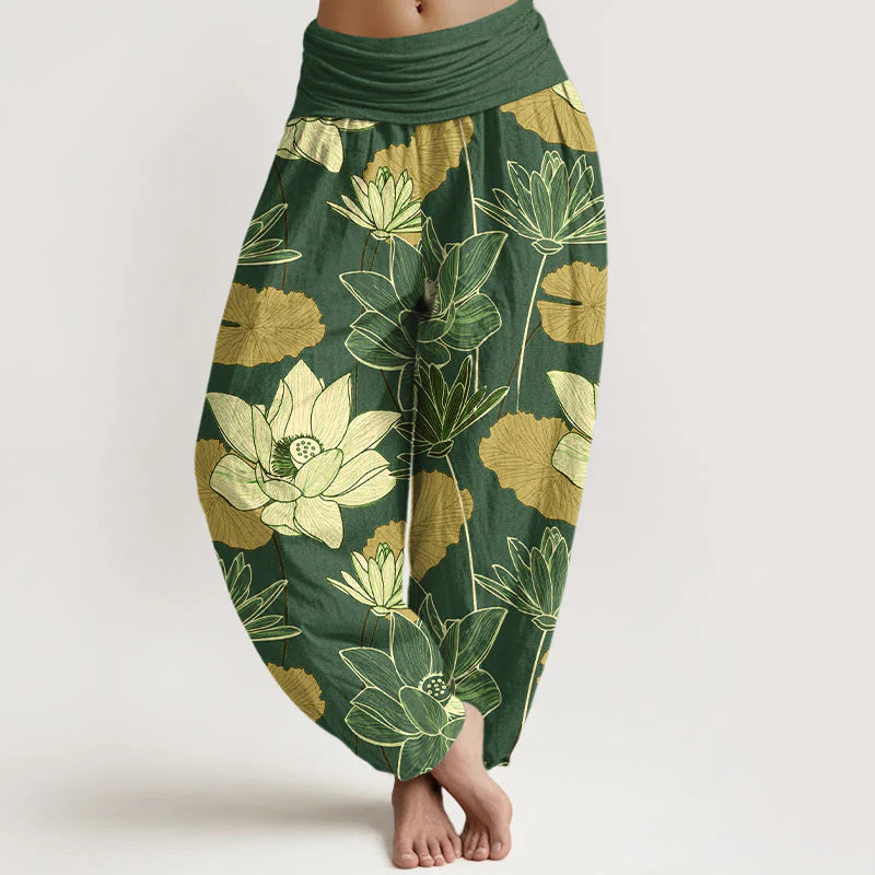 Buddha Stones Pure Cotton Retro Lotus Flowers Leaves Pattern Women's Elastic Waist Harem Pants