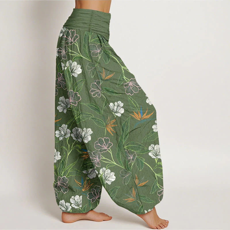 Buddha Stones Cotton Contrasting Colors Flower Leaf Pattern Women's Elastic Waist Harem Pants