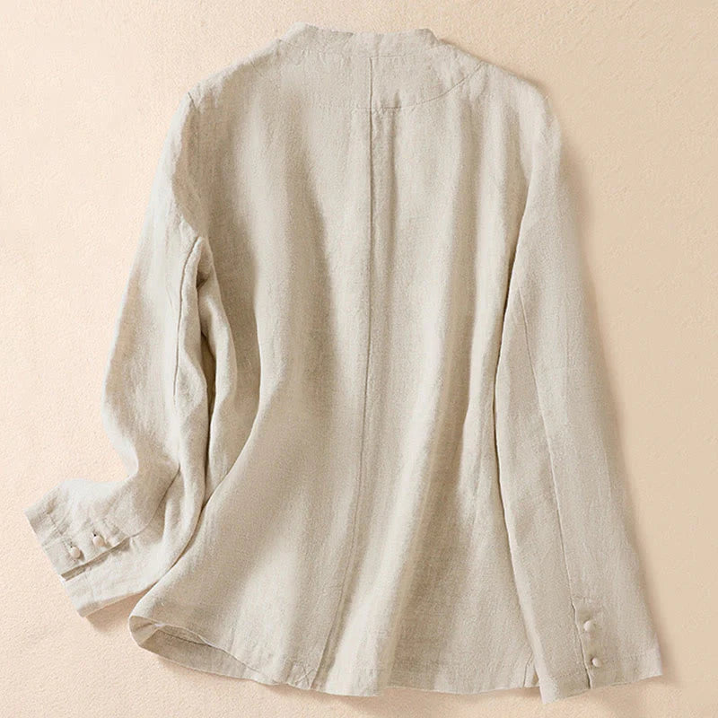 Buddha Stones Women's Cotton Linen Stand Collar Long Sleeve Shirt With Pockets