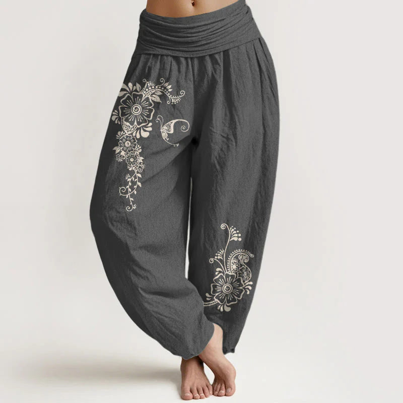 Buddha Stones Pure Cotton Simple Elegant Flower Butterfly Vine Pattern Women's Elastic Waist Harem Pants