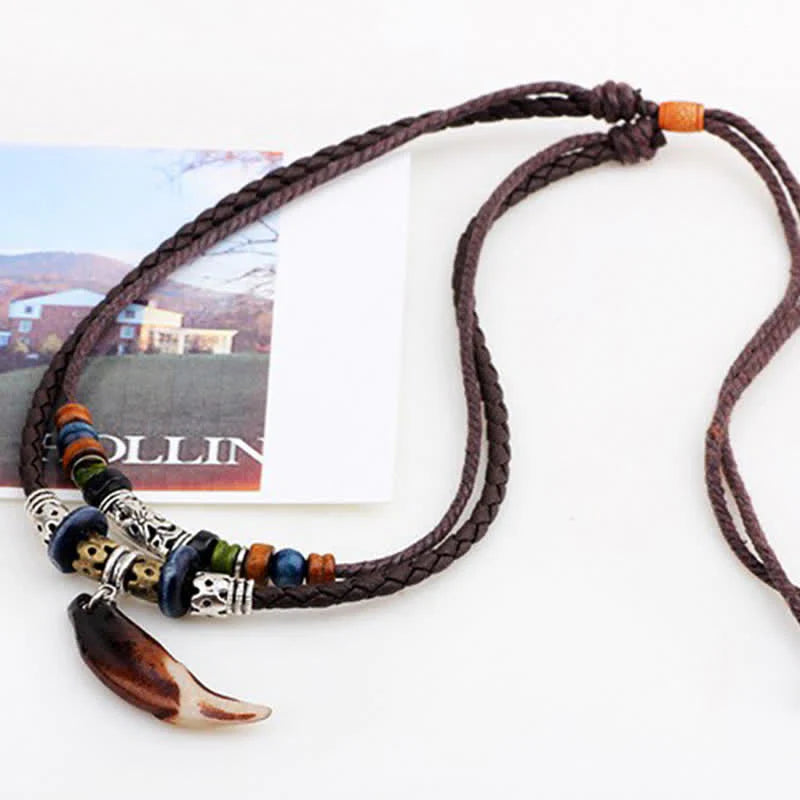 Buddha Stones Ethnic Wolf Tooth Pattern Beads Wealth Necklace Pendant