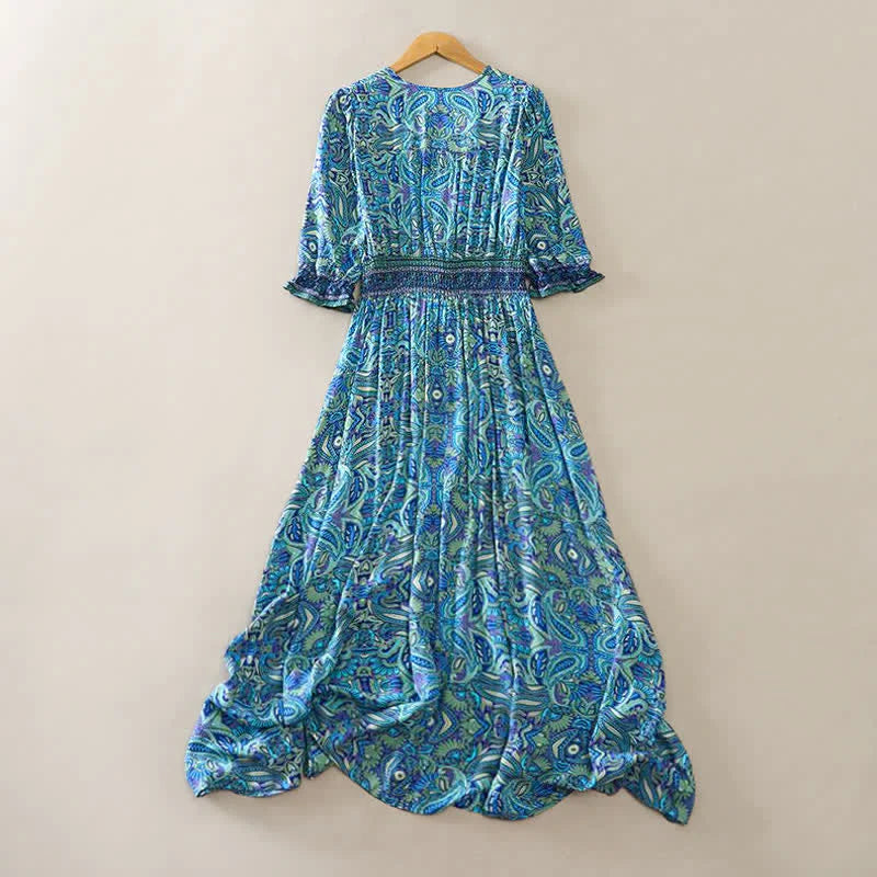 Buddha Stones Summer Peacock Paisley Tie Waist Viscose Lantern Sleeves Maxi Dress